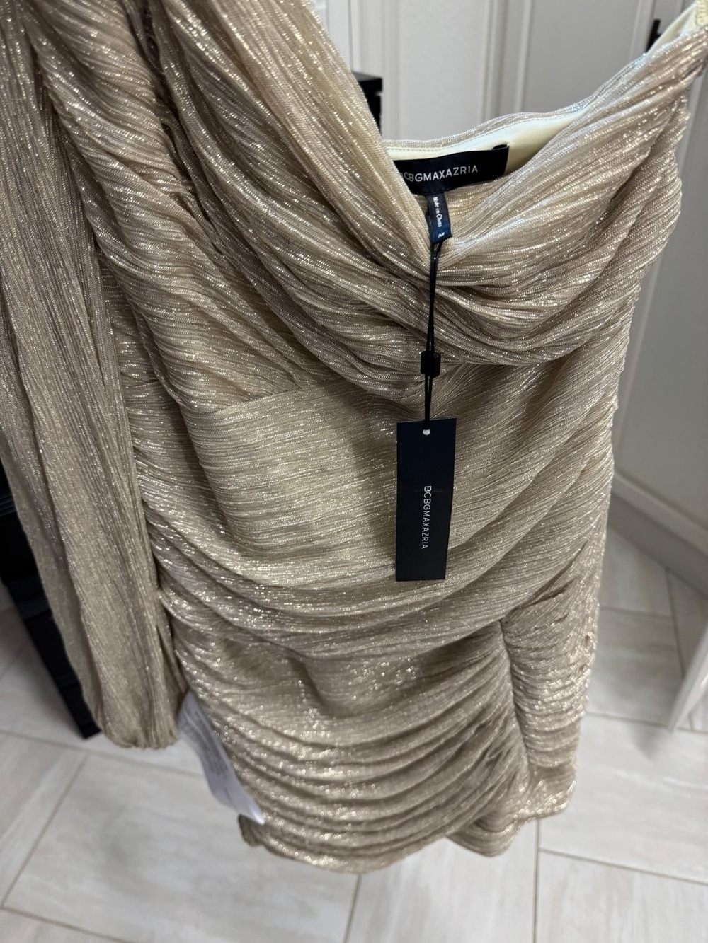 BCBGMaxAzria Shimmery Taupe Off-the-Shoulder Ruched Sweater Dress